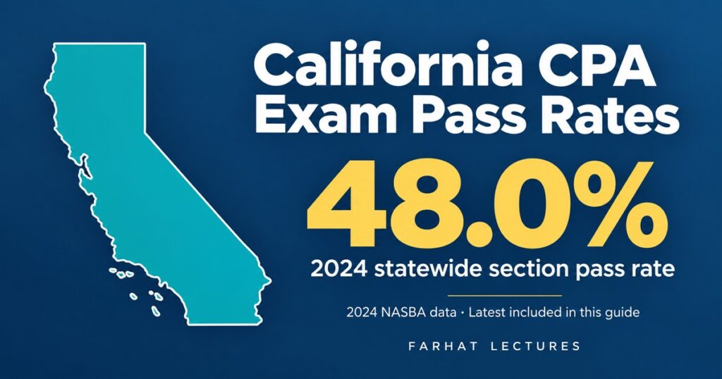 California CPA exam pass rates: California map showing a 48.0% statewide section pass rate for 2024.