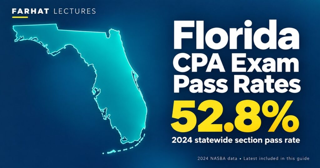 Florida CPA exam pass rates: Florida map showing a 52.8% statewide section pass rate for 2024.