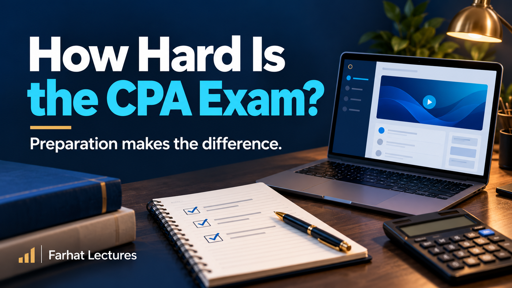 How hard is the CPA Exam? Preparation makes the difference — Farhat Lectures study desk with laptop, notebook, and calculator.