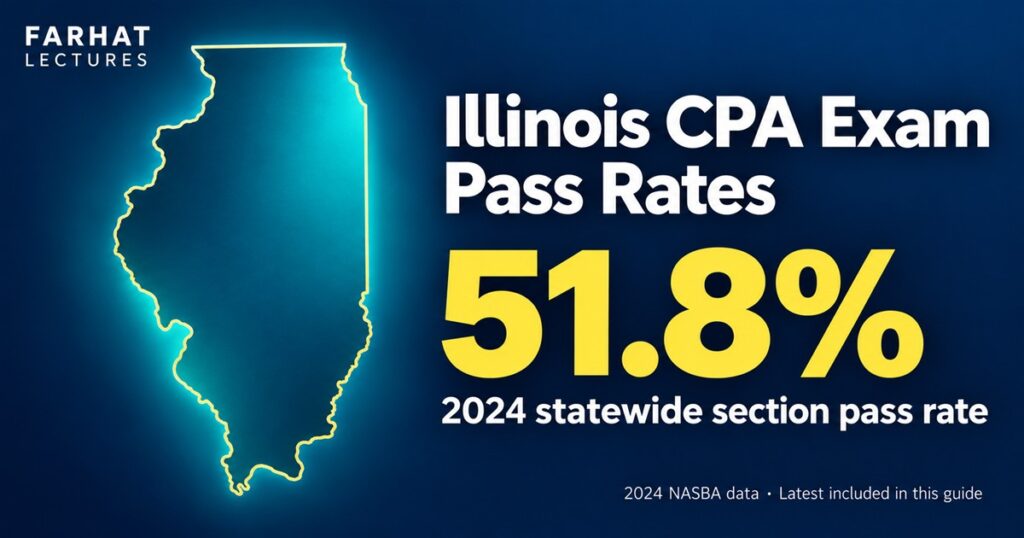 Illinois CPA exam pass rates: state map showing a 51.8% statewide section pass rate for 2024.