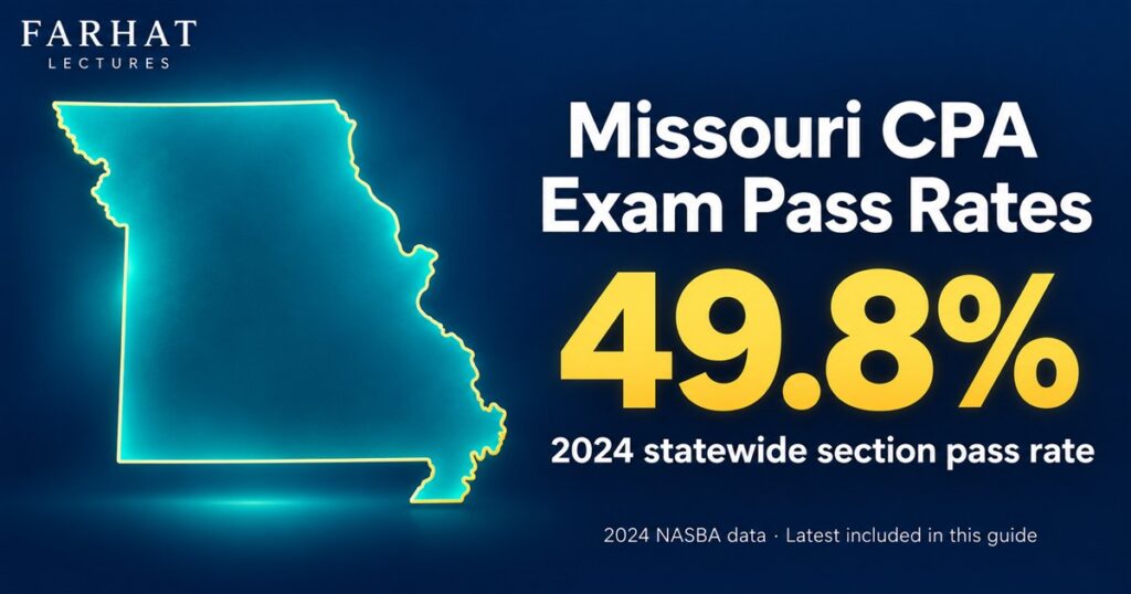 Missouri CPA exam pass rates: state map showing a 49.8% statewide section pass rate for 2024.