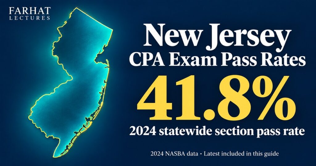 New Jersey CPA exam pass rates: state map showing a 41.8% statewide section pass rate for 2024.
