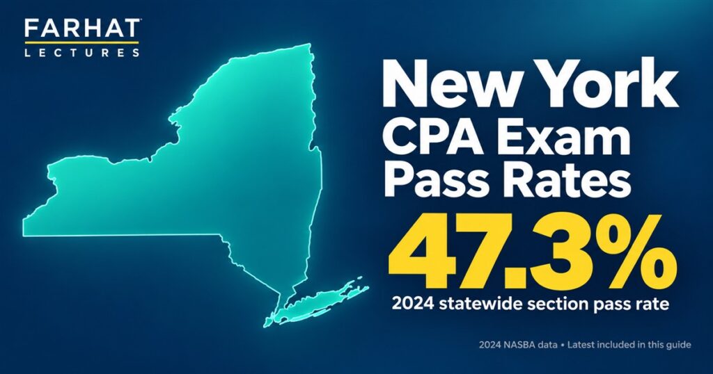 New York CPA exam pass rates: New York map showing a 47.3% statewide section pass rate for 2024.