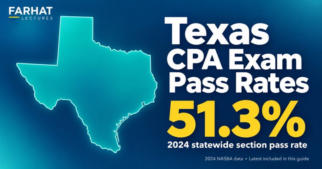 Texas CPA exam pass rates: Texas map showing a 51.3% statewide section pass rate for 2024.