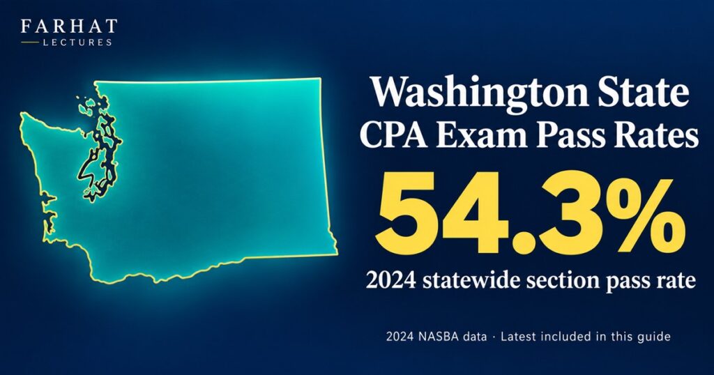 Washington State CPA exam pass rates: state map showing a 54.3% statewide section pass rate for 2024.