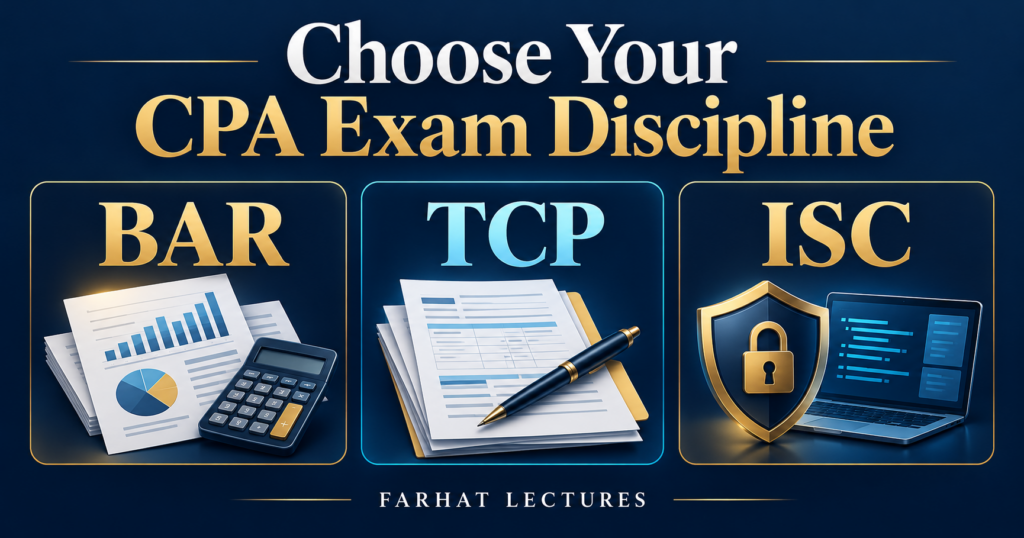 BAR, TCP, and ISC options for choosing a CPA Exam discipline.