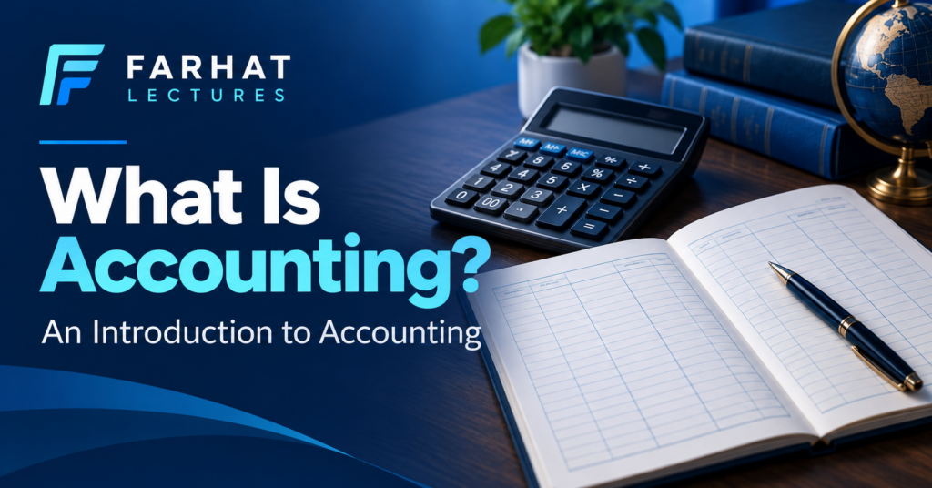 What is accounting? An introduction illustrated with a calculator, ledger, and pen.