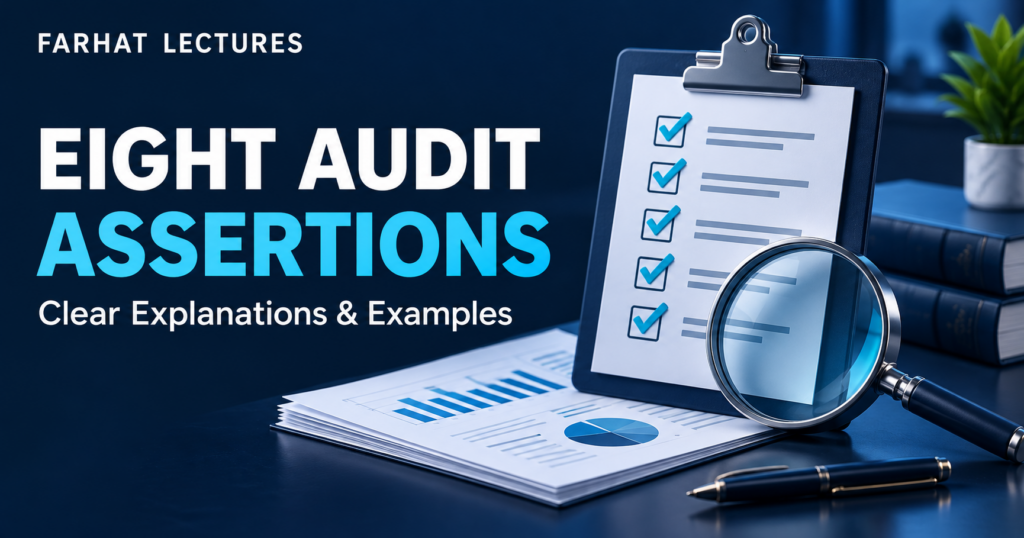 Eight audit assertions illustrated with a checklist, magnifying glass, and financial statements; Farhat Lectures.