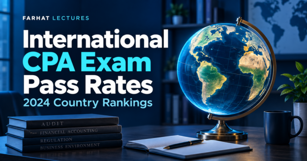 International CPA exam pass rates and 2024 country rankings, illustrated with a globe and study materials.