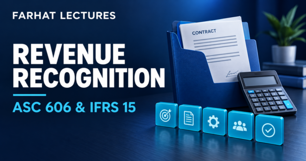 Revenue recognition under ASC 606 and IFRS 15 illustrated with a contract folder, calculator, and five-step icons; Farhat Lectures.