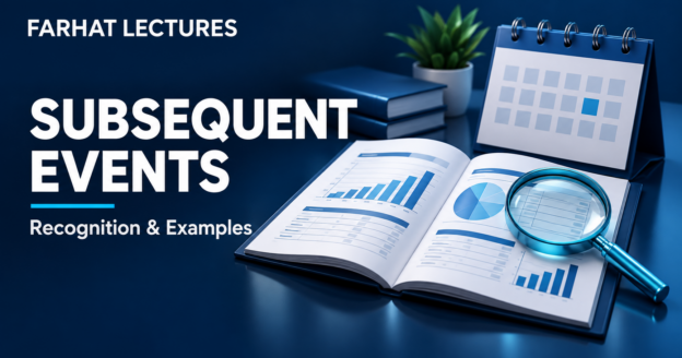 Subsequent events recognition illustrated with financial statements, a calendar, and magnifying glass; Farhat Lectures.